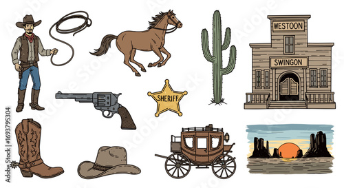 Collection of western themed drawings including cowboy and desert scene