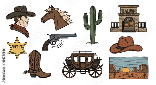 A collection of wild west themed illustrations with cowboy elements