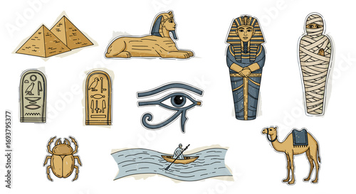 Various egyptian cultural symbols including pyramids and a sphinx art