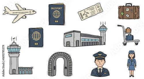 A collection of airport related items including plane and personnel art