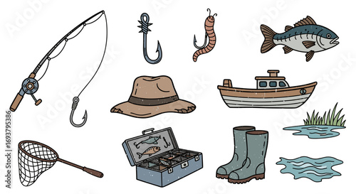 Illustration of fishing equipment including rod, hook, and tackle box