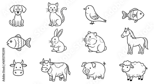 Collection of twelve outlined farm and domestic animals in black and white