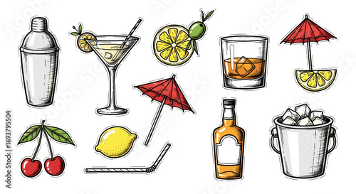 Illustration of various cocktail ingredients and bar accessories items
