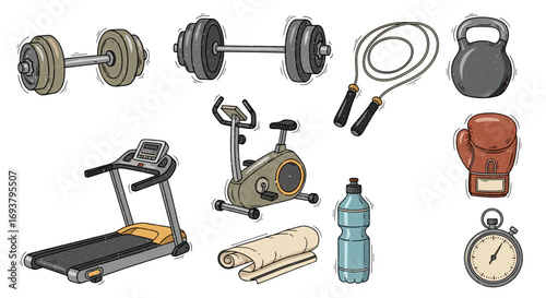 Illustration of various fitness equipment including weights and machines