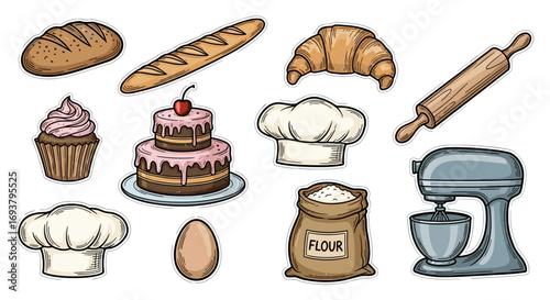 Illustration of various baking ingredients and tools on a white background