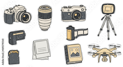 Collection of photography equipment including cameras and accessories