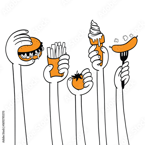 Unhealthy Diet Choices: Hands Holding Various Junk Food Items