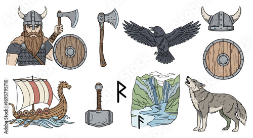 Illustration of viking warrior, raven, wolf, and norse mythology symbols