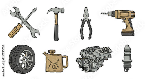 Illustration showing various automotive tools and car parts on white background