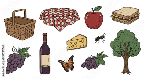 Illustration of a picnic basket with food and drinks on a white background