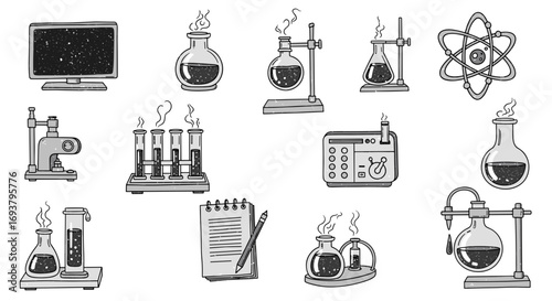 Illustration of science lab equipment including beakers and computer