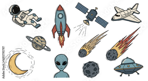 Illustration of space themed objects including astronaut and rocket ship