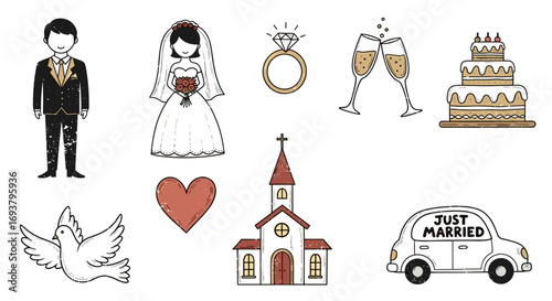 Illustration of a wedding scene with bride groom and wedding elements