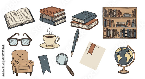 Illustration of books, globe, coffee, pen, glasses and armchair objects