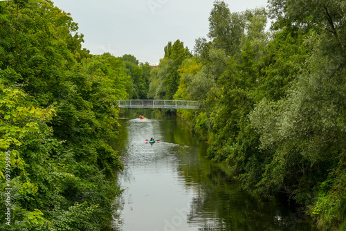 Tableau sur toile Kayaking on the Karl Heine Canal in Leipzig