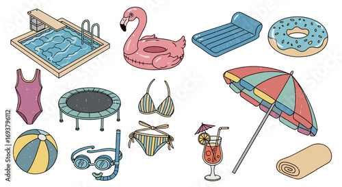 Illustration of summer vacation items including pool and floatation devices