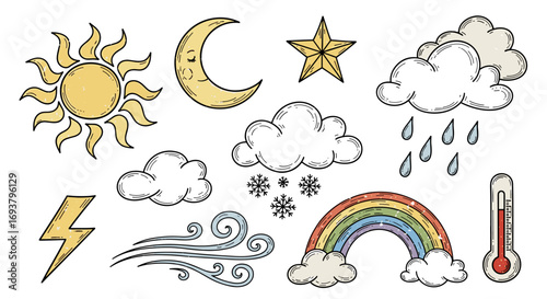 Illustration of various weather elements including sun moon and rainbow