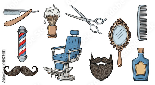 Illustration of barber shop equipment including chair and accessories