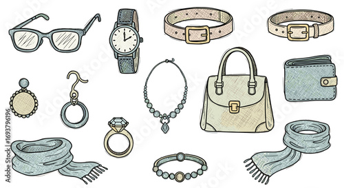 Illustration of various fashion accessories including jewelry and handbag
