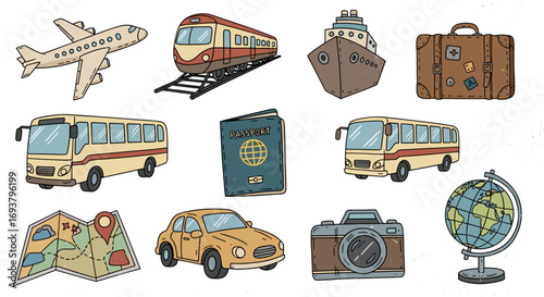 Various modes of transportation and travel related items are displayed
