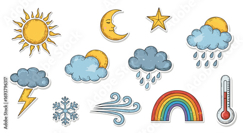 Illustration of weather icons including sun, moon, star, and rainbow