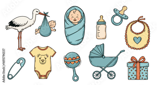 Illustration of baby related items including stork and wrapped baby