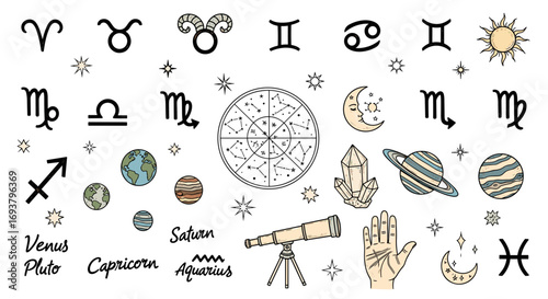 Illustration of astrological symbols planets and celestial elements art