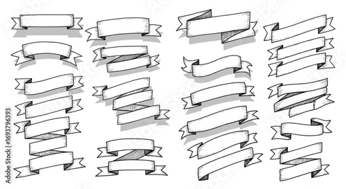 Collection of twenty four hand drawn banner ribbons with shadow effect