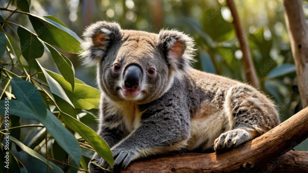 Fototapeta premium A serene koala resting on a tree branch amidst lush eucalyptus leaves in a vibrant forest setting