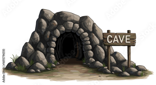 Illustration of a rocky cave entrance with a wooden cave sign nearby