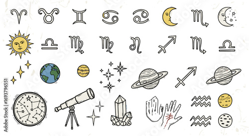 Illustration of zodiac signs planets and celestial themed illustrations