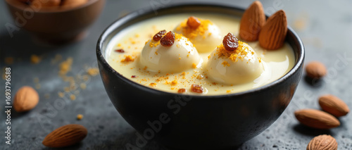 Bowl of Bengali rasmalai sweet dish. Spongy milk curd dumplings soaked in rich creamy milk, garnished with raisins and crushed almonds. Exotic Indian dessert, culinary delight.