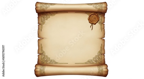 Old rolled parchment scroll with an ornate decorative border and wax seal. A blank vintage paper template for a message, letter, or map, isolated on a white background