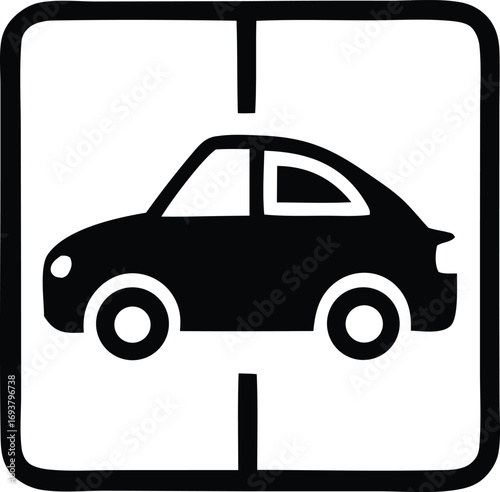 Simple black car icon representing parking and automotive services within a clean white square frame with border