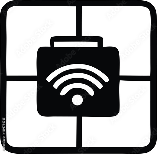 Modern wi-fi icon representing connected luggage and smart travel with signal waves and a briefcase symbol