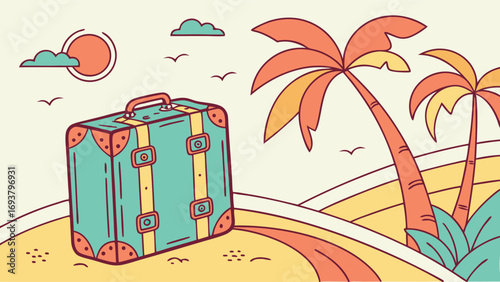 Vintage suitcase waits for adventure on sunny beach with palm trees and ocean breeze