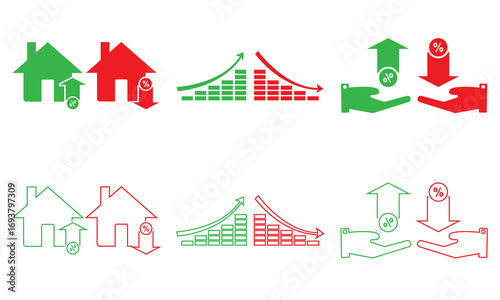 Low and high interest rate icon. Finance icons showing profit and loss trends. Finance icons with money bags, percentage arrows, and charts representing economic growth, decline. vector illustration. 