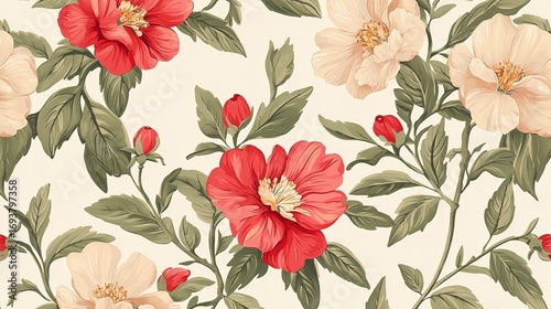 A vibrant floral pattern featuring red and cream flowers intertwined with lush green leaves on a light background.