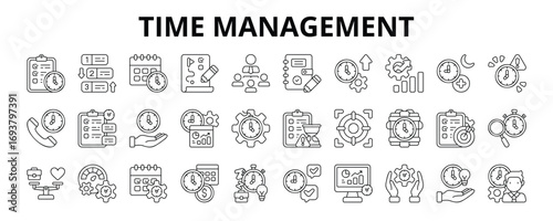 30 Time Management Line Icons Vector - Organization, Agenda, Efficiency, Deadline Management, Time Tracking, Time Discipline 