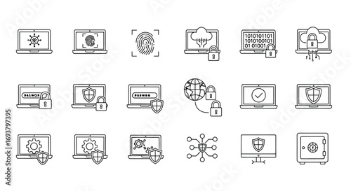 Vector illustration of collection of cybersecurity and data protection icons, including laptops, fingerprints, locks, and network diagrams