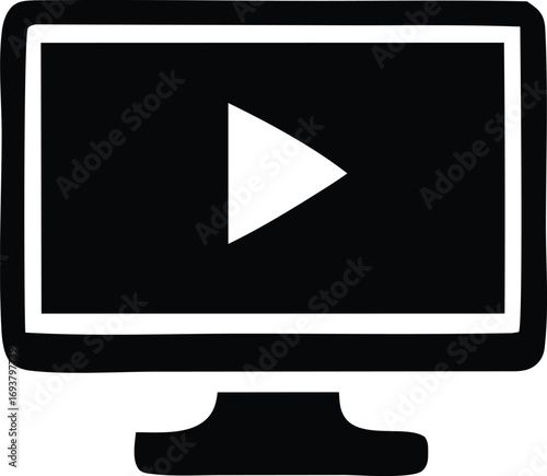 Modern flat icon of a computer monitor displaying a play button for digital content and online media playback