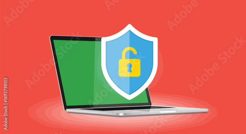 Vector illustration of laptop computer with a green screen displaying a blue shield icon with a yellow unlocked padlock on a red background