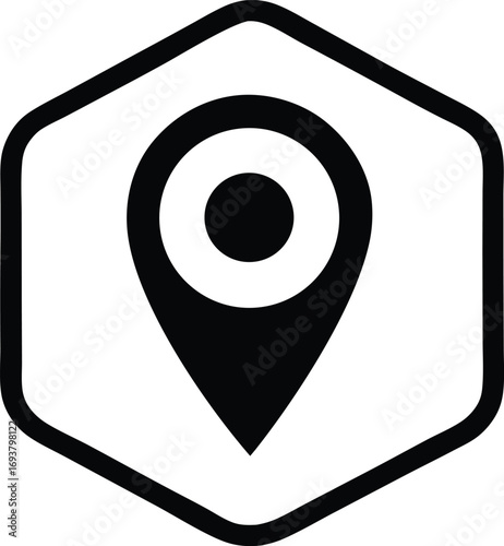 Geometric location pin icon modern simple design for navigation and mapping apps featuring a hexagonal outline and circular target element