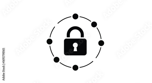 Vector illustration of black padlock icon surrounded by a circle of dots, representing security and protection