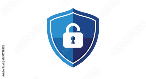 Vector illustration of blue shield with a white padlock icon, representing security and protection