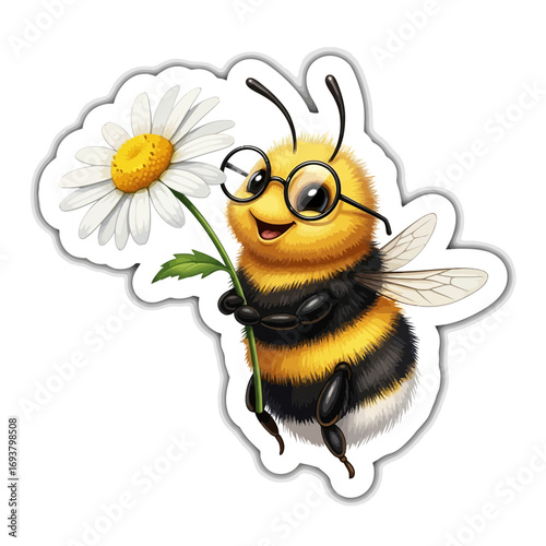 Friendly Bumblebee Wearing Tiny Glasses Clutching a Blooming Daisy Whimsical Sticker