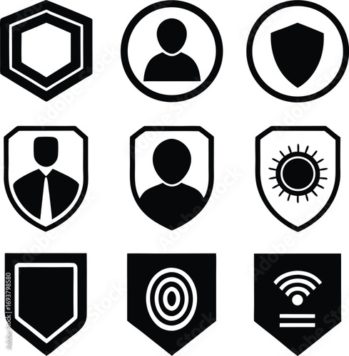 Collection of security and privacy icons featuring shields user profiles and digital symbols for online protection concepts