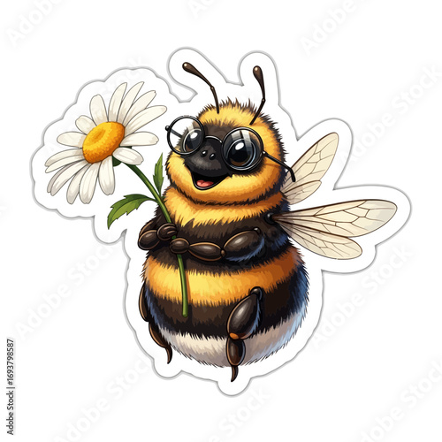 Friendly Bumblebee in Tiny Glasses Clutching a Blooming Daisy Whimsical Character Sticker