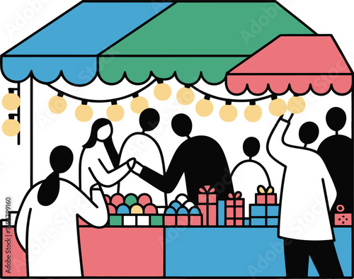 Holiday market scene with shoppers buying gifts and festive decorations, vibrant colors