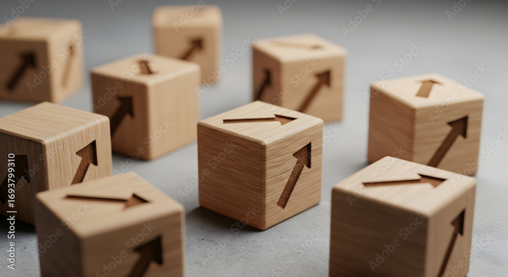 Fototapeta premium Wooden cubes with upward arrows symbolize growth, progress, and successful business development.